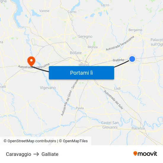 Caravaggio to Galliate map