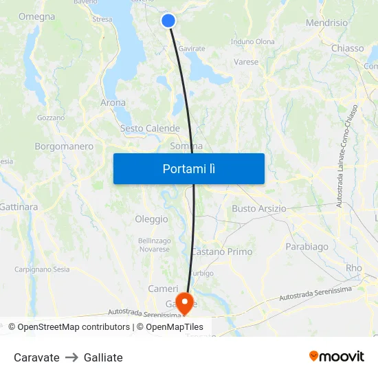 Caravate to Galliate map