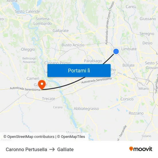 Caronno Pertusella to Galliate map
