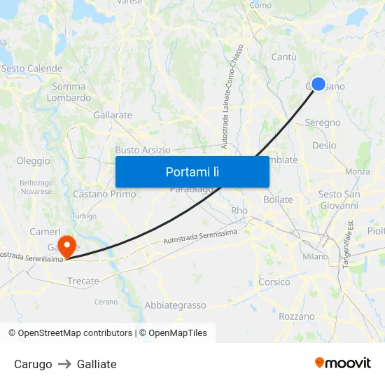 Carugo to Galliate map