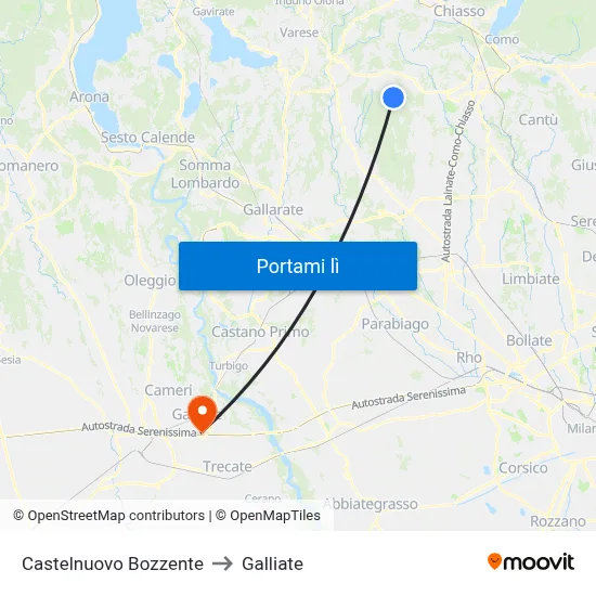 Castelnuovo Bozzente to Galliate map