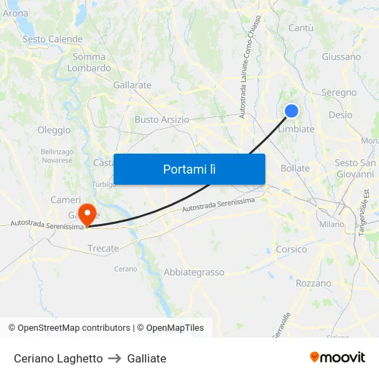 Ceriano Laghetto to Galliate map