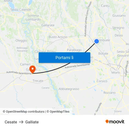Cesate to Galliate map