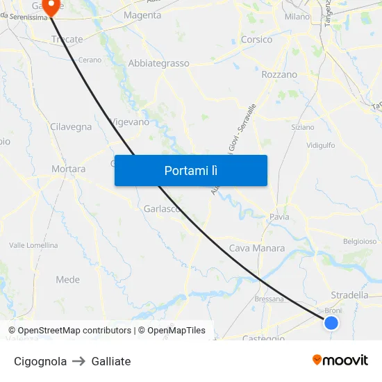 Cigognola to Galliate map