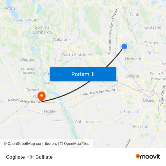Cogliate to Galliate map