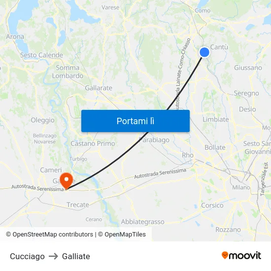 Cucciago to Galliate map