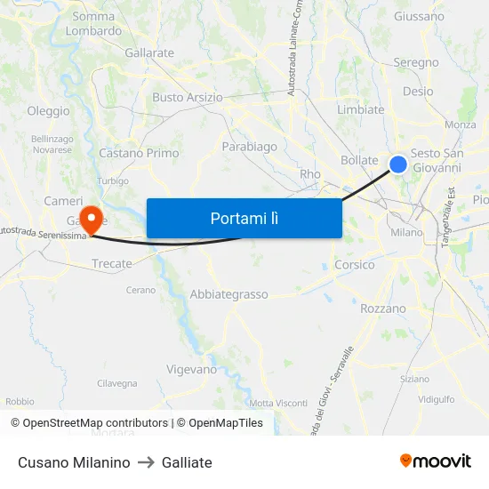 Cusano Milanino to Galliate map