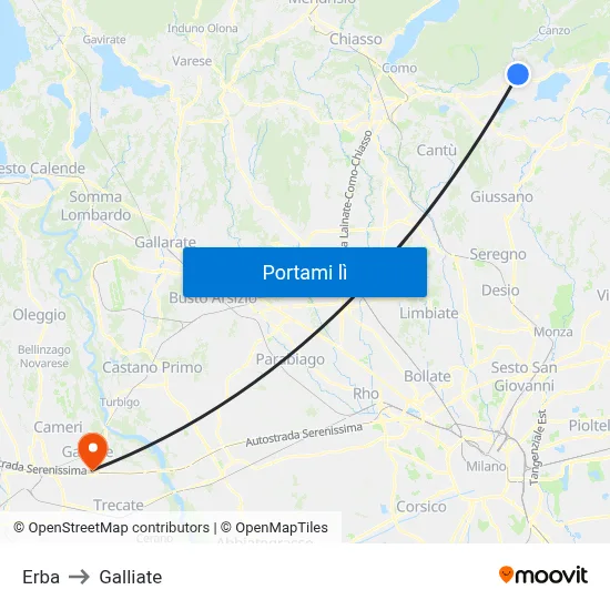 Erba to Galliate map