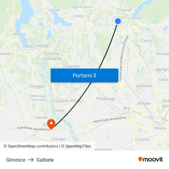 Gironico to Galliate map