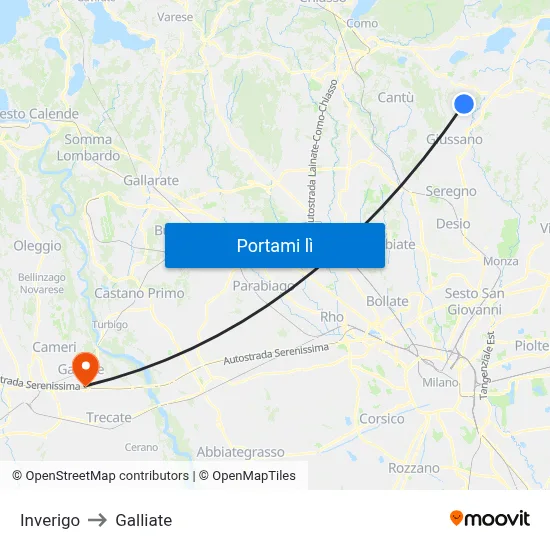 Inverigo to Galliate map