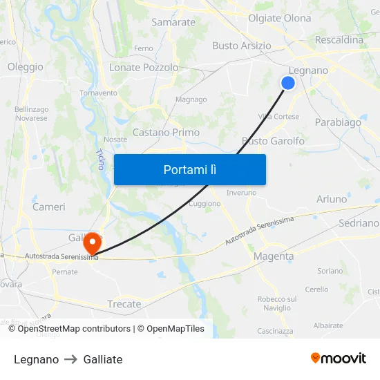 Legnano to Galliate map