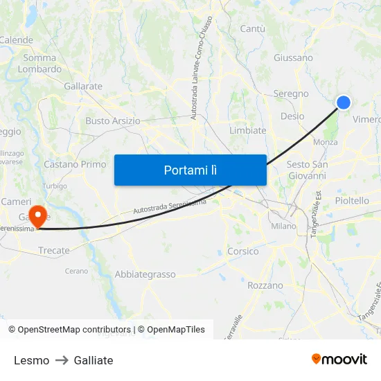 Lesmo to Galliate map