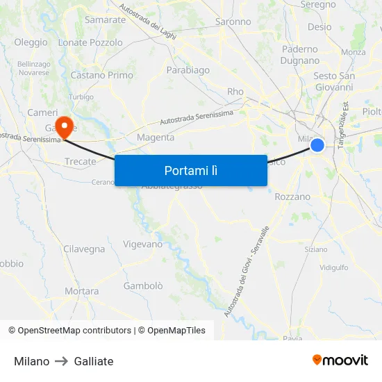 Milano to Galliate map
