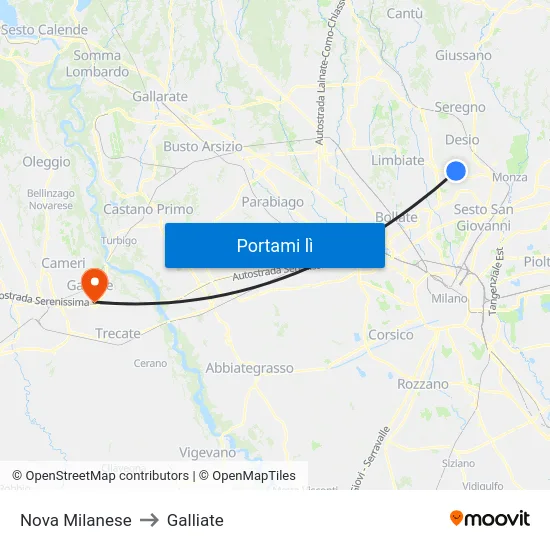Nova Milanese to Galliate map