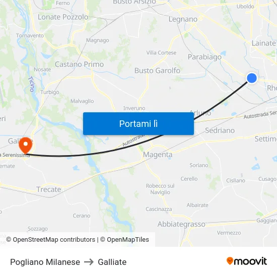 Pogliano Milanese to Galliate map