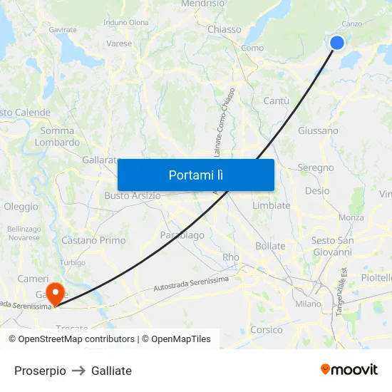 Proserpio to Galliate map
