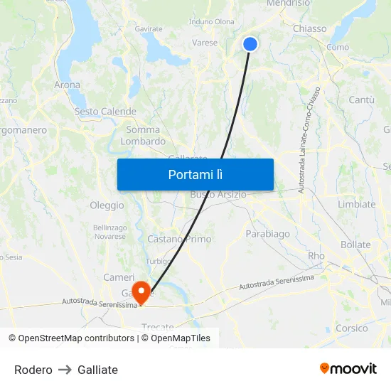 Rodero to Galliate map