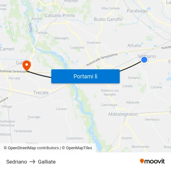 Sedriano to Galliate map