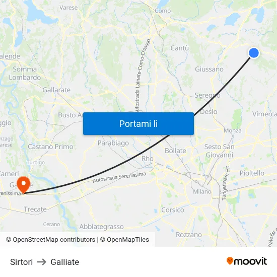 Sirtori to Galliate map