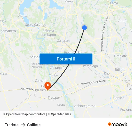 Tradate to Galliate map