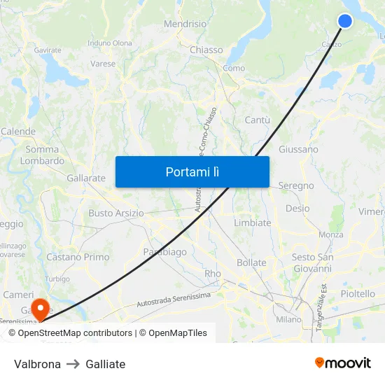 Valbrona to Galliate map