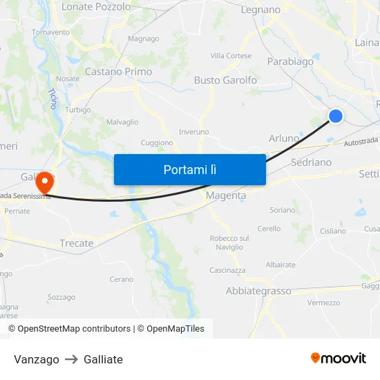 Vanzago to Galliate map