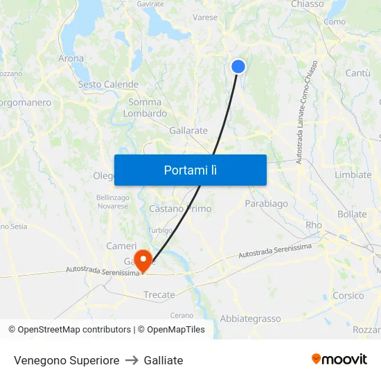 Venegono Superiore to Galliate map