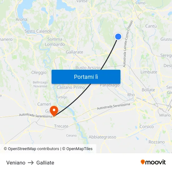 Veniano to Galliate map