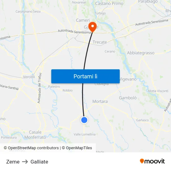 Zeme to Galliate map
