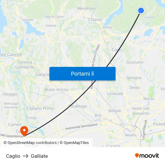 Caglio to Galliate map