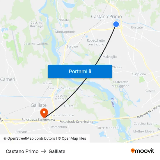 Castano Primo to Galliate map