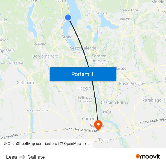 Lesa to Galliate map
