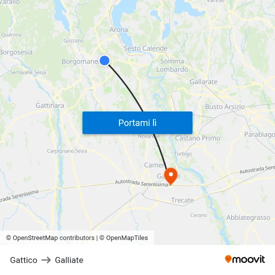 Gattico to Galliate map