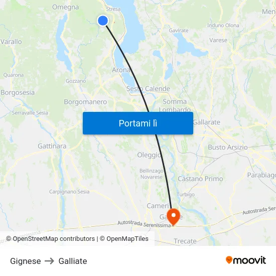 Gignese to Galliate map