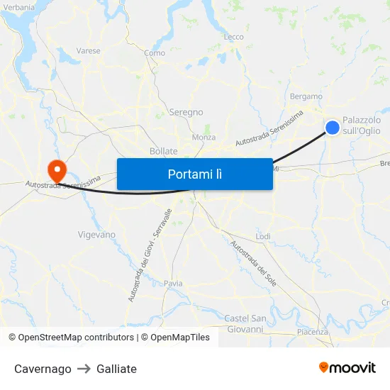 Cavernago to Galliate map