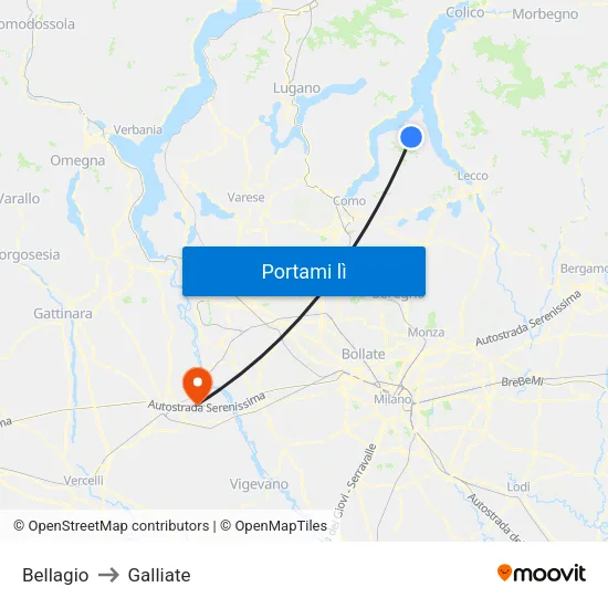 Bellagio to Galliate map