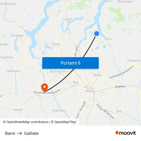 Barni to Galliate map