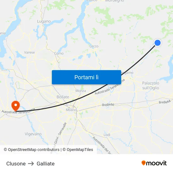 Clusone to Galliate map