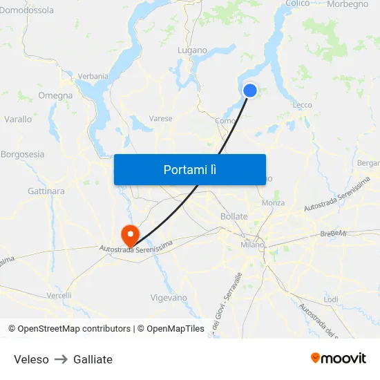 Veleso to Galliate map