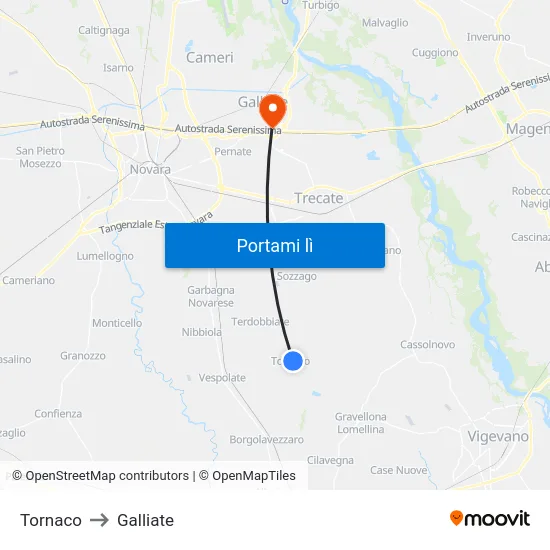Tornaco to Galliate map