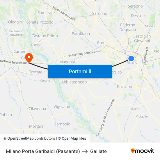 Milano Porta Garibaldi (Passante) to Galliate map