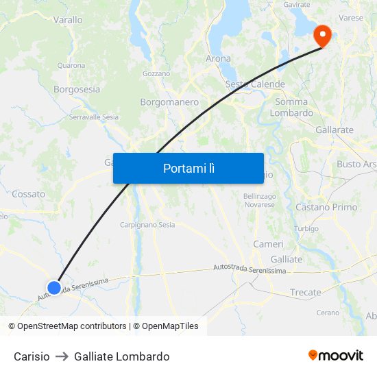 Carisio to Galliate Lombardo map