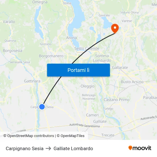 Carpignano Sesia to Galliate Lombardo map