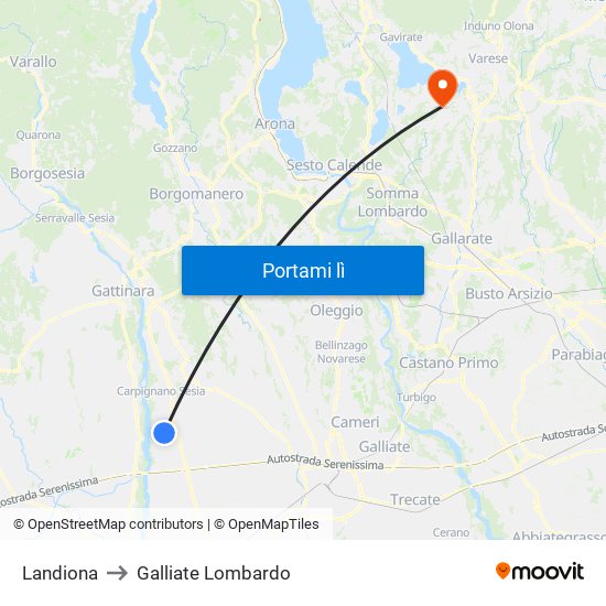 Landiona to Galliate Lombardo map