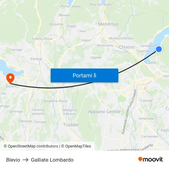 Blevio to Galliate Lombardo map