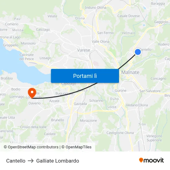 Cantello to Galliate Lombardo map