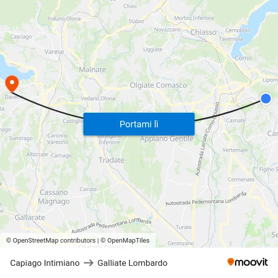 Capiago Intimiano to Galliate Lombardo map