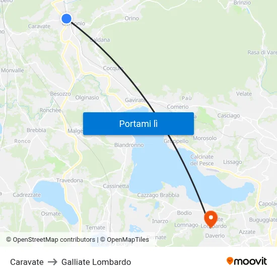 Caravate to Galliate Lombardo map