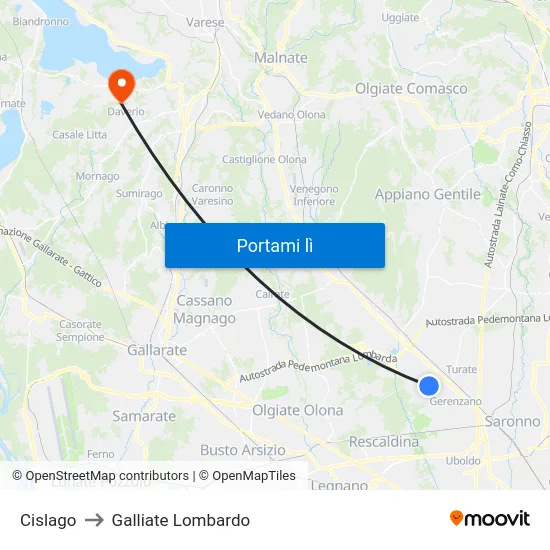 Cislago to Galliate Lombardo map