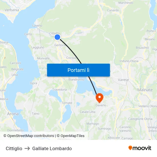 Cittiglio to Galliate Lombardo map